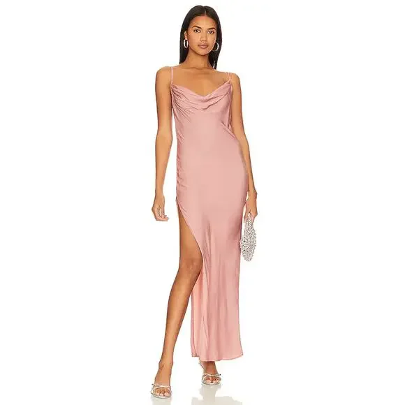 Michael Costello Braxton Dress Rose Pink Maxi Gown Satin Side Slit Sz S
